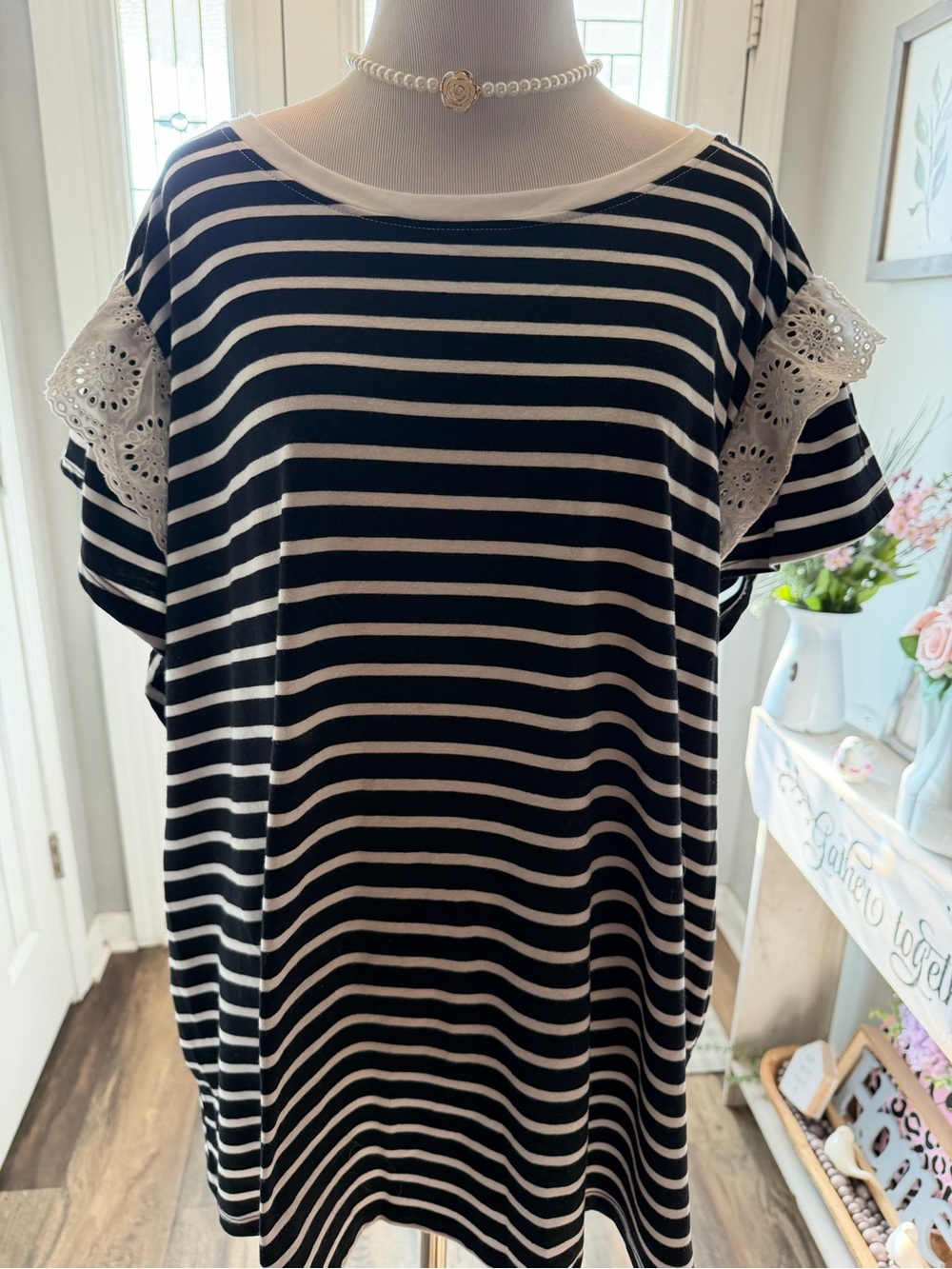 Cato Black & White Striped Short Sleeve Top with Lace Eyelet Trim